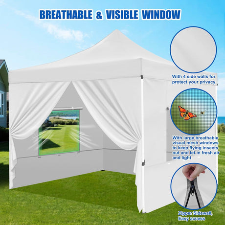 10x10 Pop Up Canopy Tent with 4 Sidewalls Portable Folding Outdoor Canopy Easy Setup Gazebo Waterproof Instant Popup Shelter Tent w Wheel Carry Bag sandbags for Events Parties Camping, White