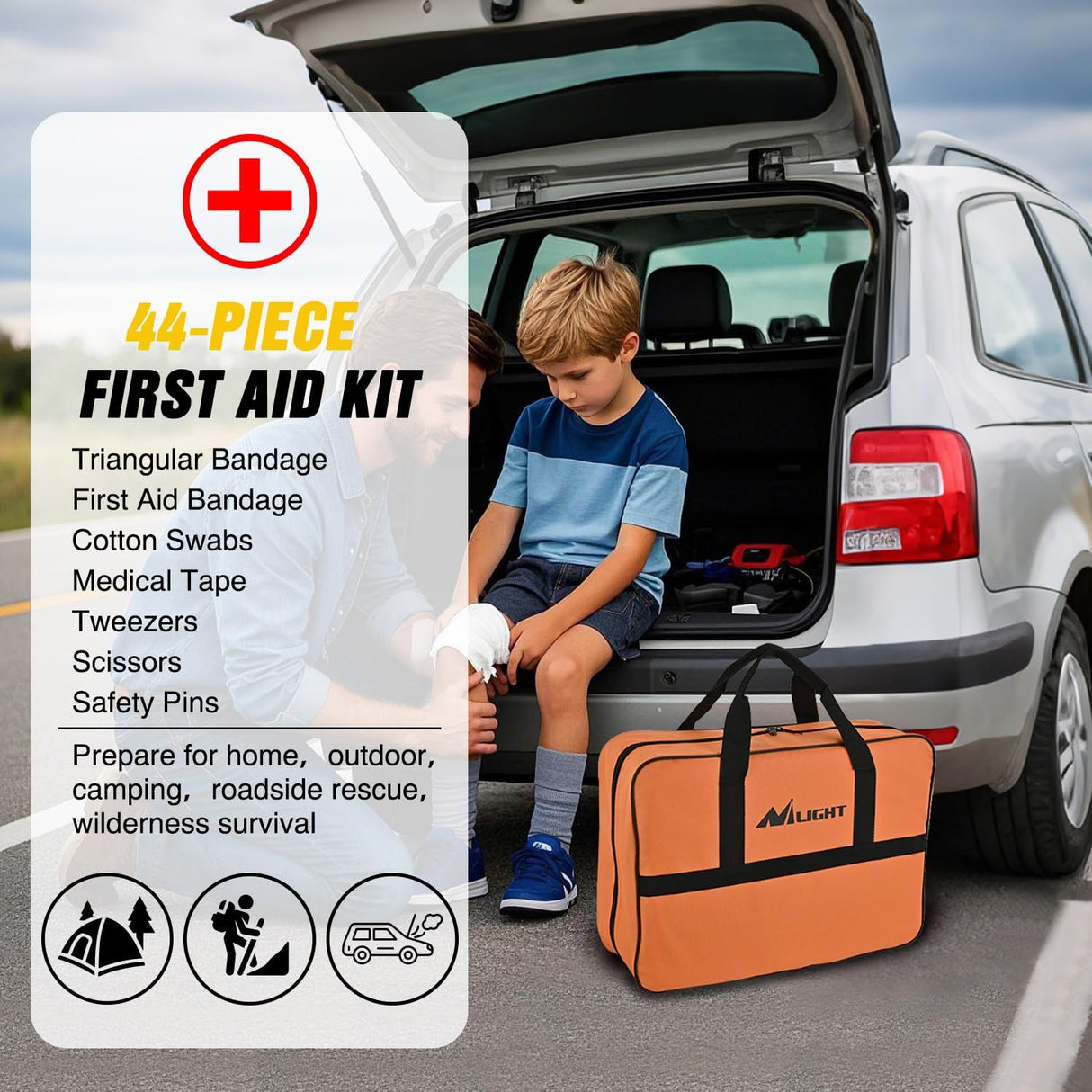 Car Emergency Kit with Jumper Cable Air Compressor Tire Repair Essential Tools First Aid Alligator Connector Electrical Kit for Travel Camping Outdoor Cars Truck SUV RV