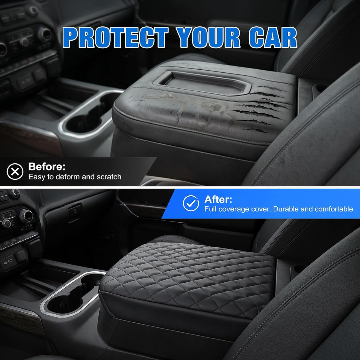 Center Console Cover Fit for Chevy GMC Silverado Sierra 2019-2026 | for Tahoe Yukon Suburban 2021-2026 Bucket Seat Accessories Middle Armrest Cover for Car Waterproof Leather Arm Rest Cushion