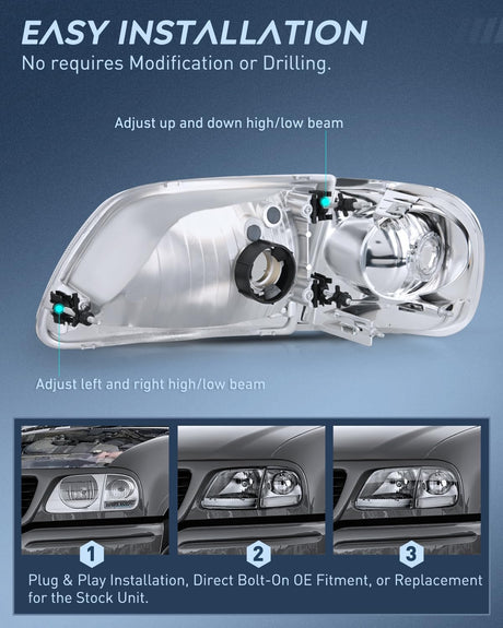 Headlight Assembly Compatible with 1997 1998 1999 2000 2001 2002 2003 Ford F-150 Expedition Chrome Housing Smoked Lens