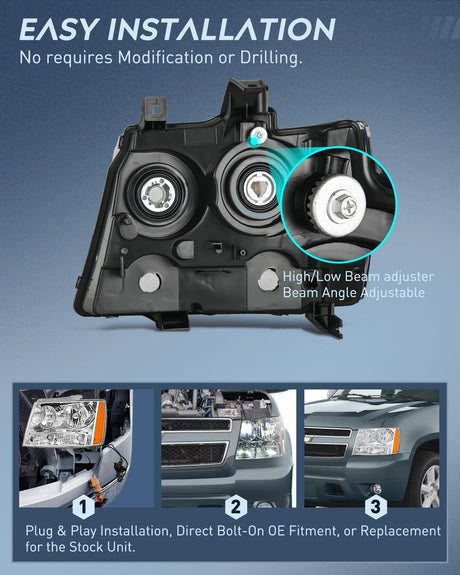 Headlight Assembly for 2007 2008 2009 2010 2011 2012 2013 2014 Chevy Avalanche Tahoe Suburban 1500 2500 Replacement Headlamp Bumper Lamp Set Chrome Housing Amber Reflector