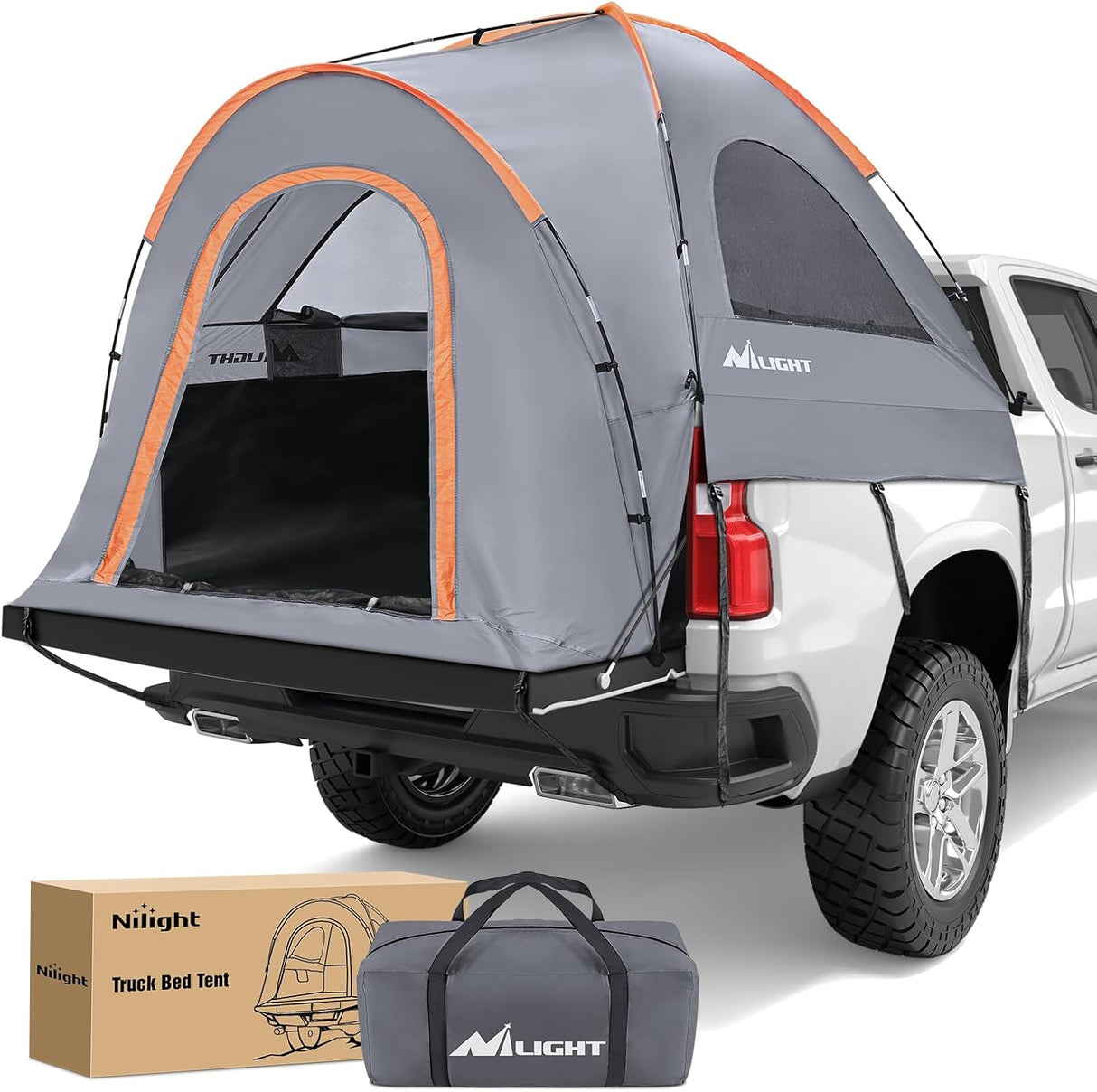 Truck Bed Tent 8-8.5 FT Pickup Truck Tents with Rainfly Waterproof PU2000mm Double Layer for 2-Person Portable Full Size Long Tailgate Bed Tent for Truck Camping Outdoor Travel, Orange Grey