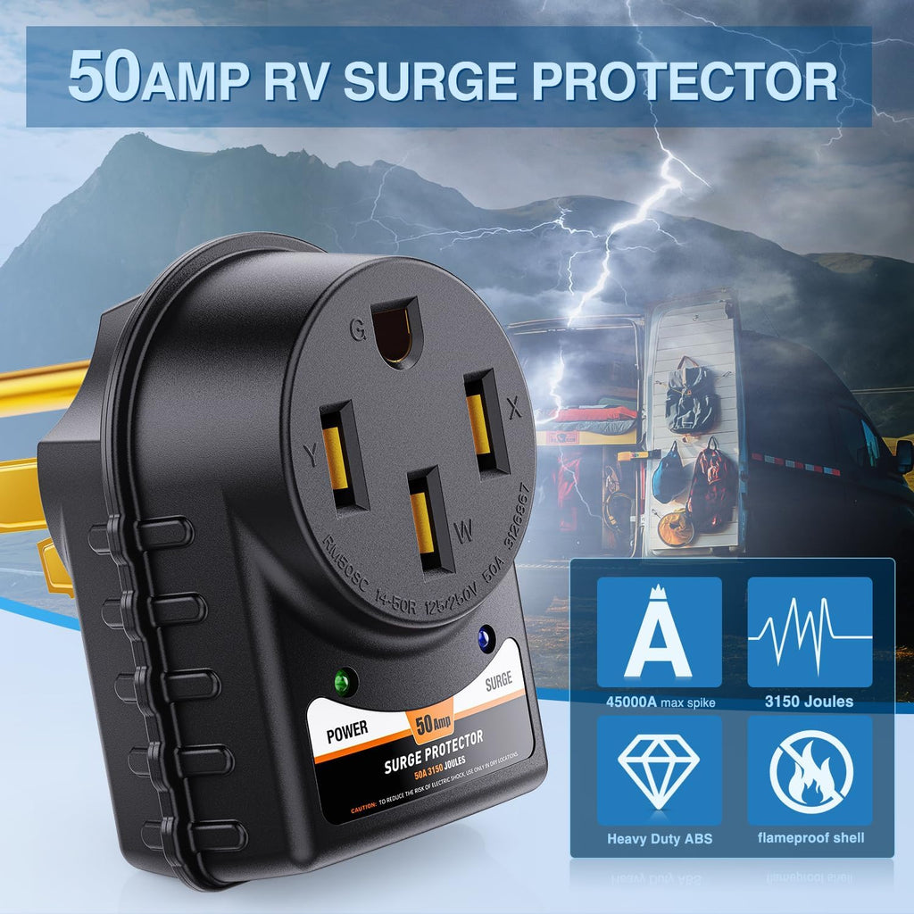 50 Amp RV Surge Protector 125V/6250W RV Surge Adapter Plug with LED  Indicator 50 amp 3150 Joules 45000A Max Spike ETL Listed 14-50P 14-50R  Power Guard