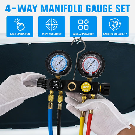 A/C Manifold Gauge Set Fits for R134a R410A R22 R404A 4-Way Auto HVAC Diagnostic Gauges Refrigerant Recharge kit with Adjustable Couplers 5FT Hoses Universal Can Tap