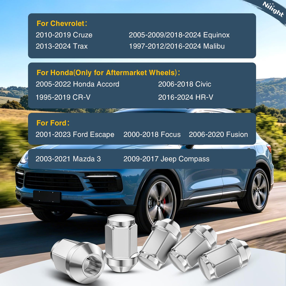 20PCS M12X1.5 Lug Nuts Compatible with 2001-2023 Ford Escape | for 2000-2018 Focus 2006-2020 Fusion, Honda Aftermarket Wheels One-Piece Solid Chrome Steel Wheel Nuts Replace