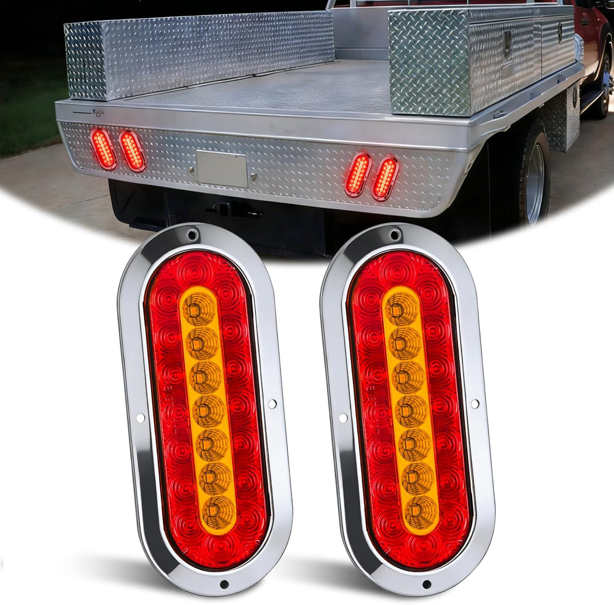 Trailer Tail Lights 2PCS 6Inch Oval 23LED Red Amber Chrome | Frame Marker Clearance Stop Brake Turn Signal Running Taillights IP67 Waterproof for Trailer Truck Pickup Camper RV