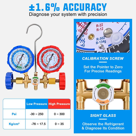 A/C Manifold Gauge Set Fits for R134a R12 R22 R502 3-Way Auto HVAC Diagnostic Gauges Refrigerant Recharge kit with Quick Couplers 5FT Hoses Universal Can Tap