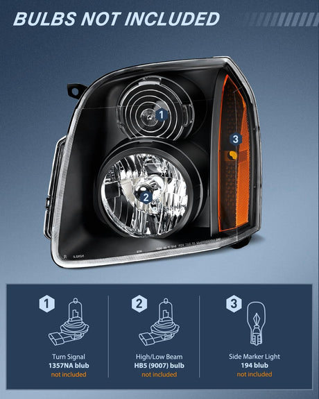 Headlight Assembly Compatible with 2007 2008 2009 2010 2011 2012 2013 2014 GMC Yukon Halogen Type Factory OE Style Replacement Black Housing Amber Reflector Passenger and Driver Side