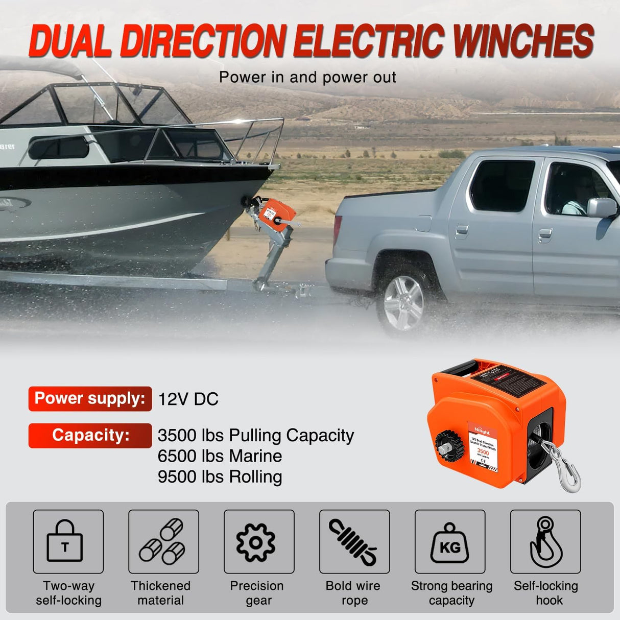 Boat Trailer Winch 3500 lbs Portable Electric Boat Winches 12 V DC Marine Winch with Steel Cable Remote Control & Hand Crank Power-In Freewheel Operat Waterproof Winch for Boat Trailer, Orange