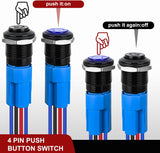 12mm Latching Push Button Switch 6pcs LED Blue Waterproof Small Round Power Button Switches with Pre-Wiring Socket for Car Truck Boat Marine RV Vehicle