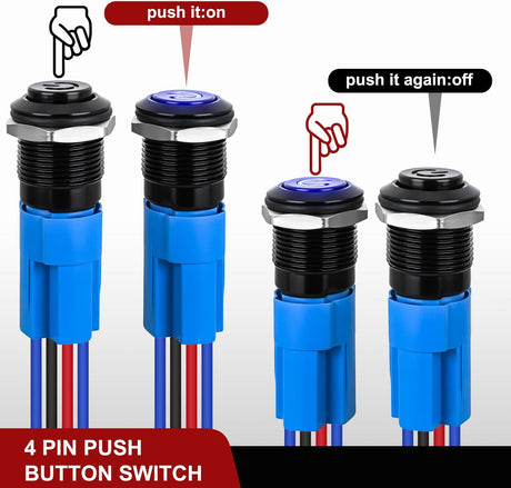 12mm Latching Push Button Switch 6pcs LED Blue Waterproof Small Round Power Button Switches with Pre-Wiring Socket for Car Truck Boat Marine RV Vehicle
