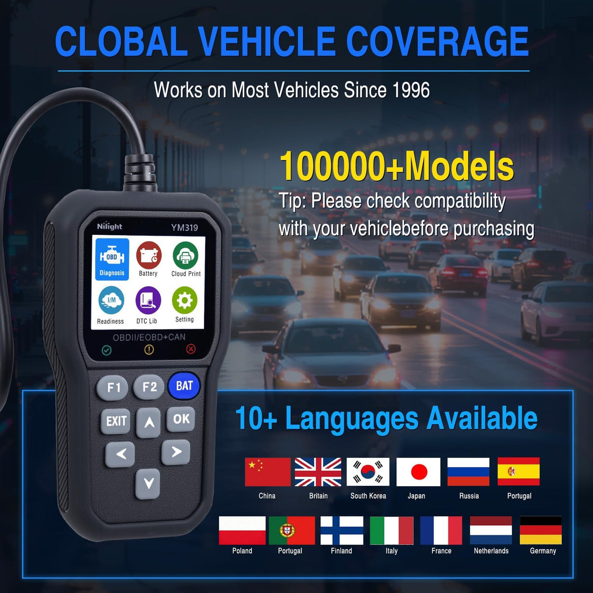 YM319 Professional OBD2 Scanner Car Diagnostic Tool - 2.4 Inch IPS Full-View Color Screen Code Reader - Live Data Graphing, Battery Test for All 1996 & Newer Cars