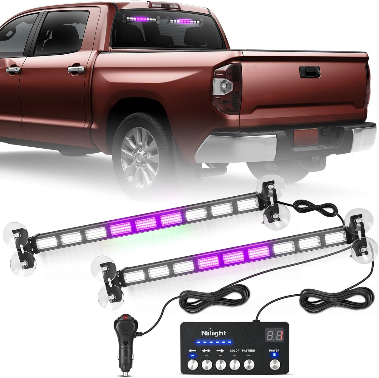 162 LED Traffic Advisor Strobe Light Bar 2-in-1 Purple White Emergency Warning Hazard Lights with Controller 4 Switchable Color 36 Flash Pattern for Trucks Cars Tow Plow Construction Vehicles