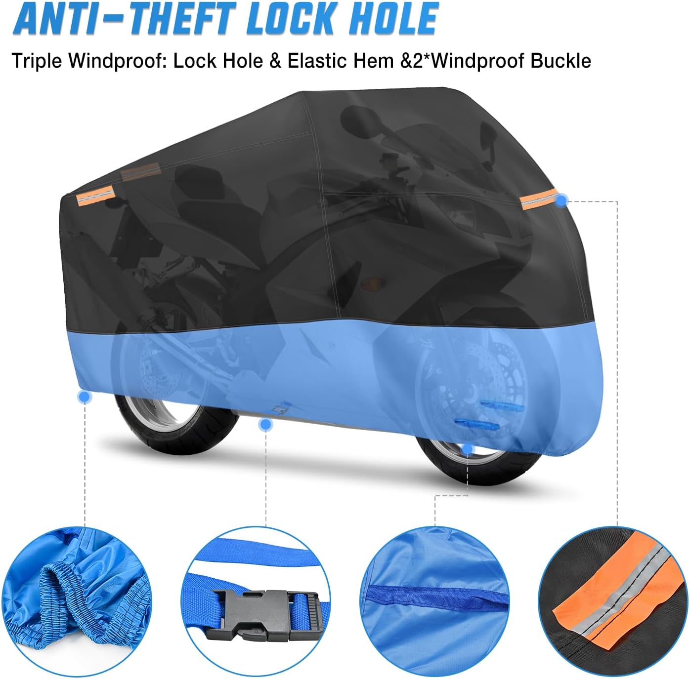Motorcycle Cover with Lock-Hole Storage Bag & Protective Reflective Strip Fits up to 116" Nilight