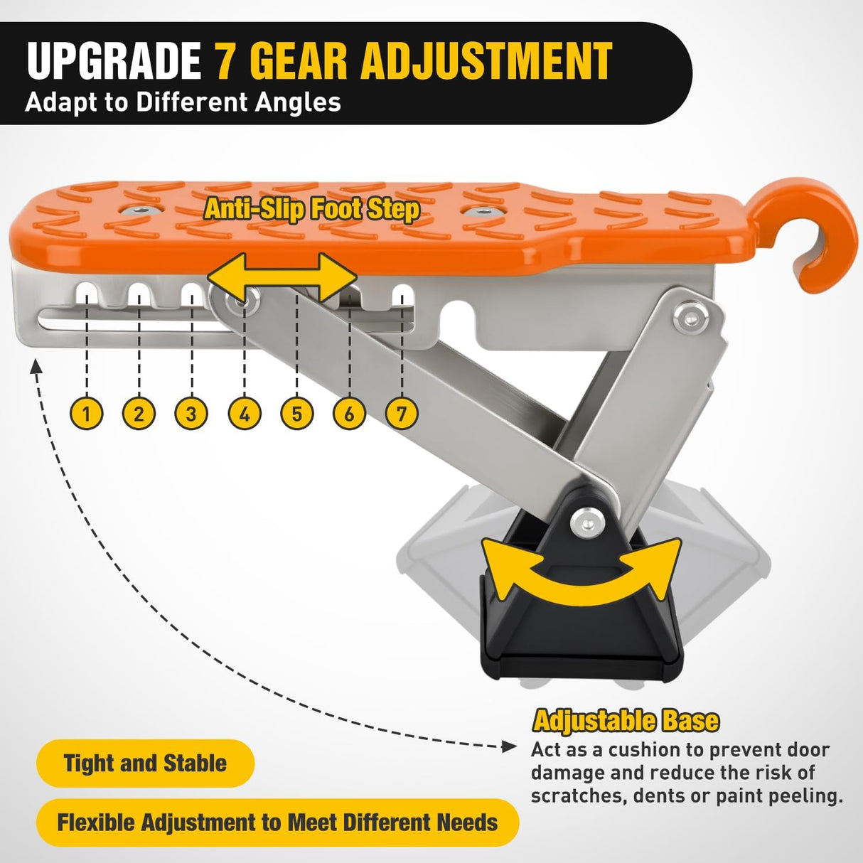 Car Door Step Universal Aluminum Latch Step for Car Roof Access Portable Folding Car Door Latch Hook Step Multi-Adjustable Both Feet Stand Pedal Max Load 500 Lbs for Truck Suv Vehicles, Orange