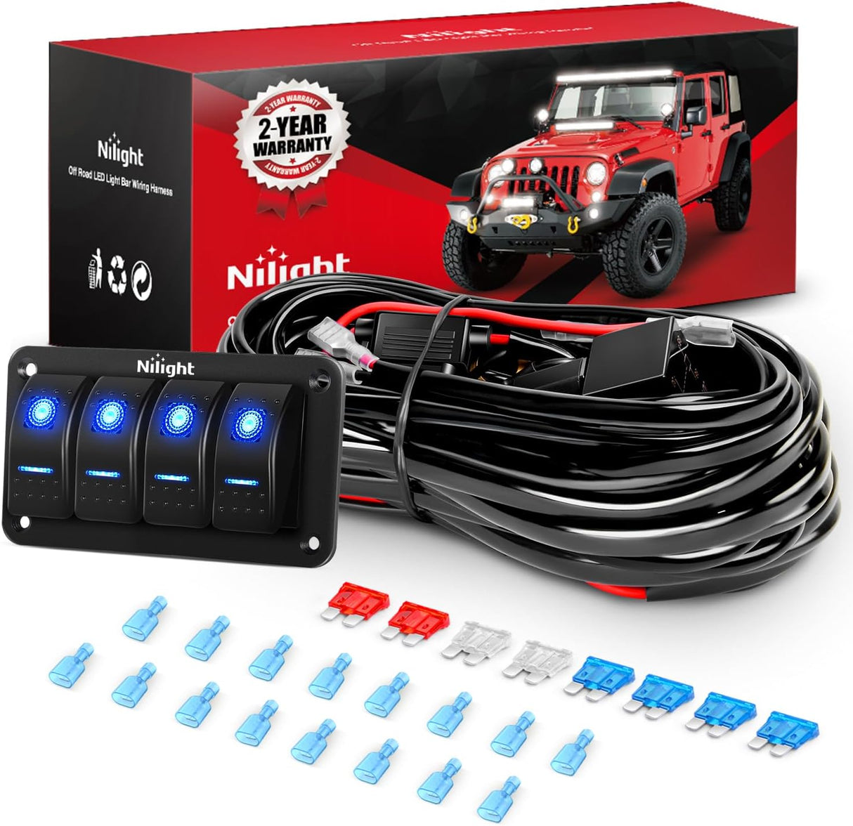 16AWG 14AWG 12AWG LED Light Bar Wiring Harness Kit 12V On/Off 4 Gang Rocker Switch Panel Power Relay Blade Fuse 5Pin Toggle Switches for Cars Boat ATV Trucks-8 Leads