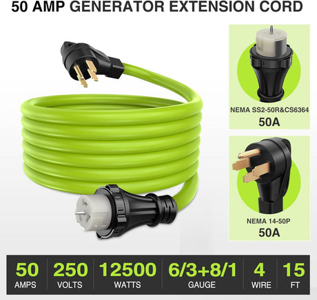 15FT 50 Amp Generator Extension Cord 250V Heavy Duty 6/3+8/1 Gauge Pure Copper STW Wire ETL Listed 4 Prong 14-50P SS2-50R&CS6364 Suit for RV Camper Outdoor Use Bright Green