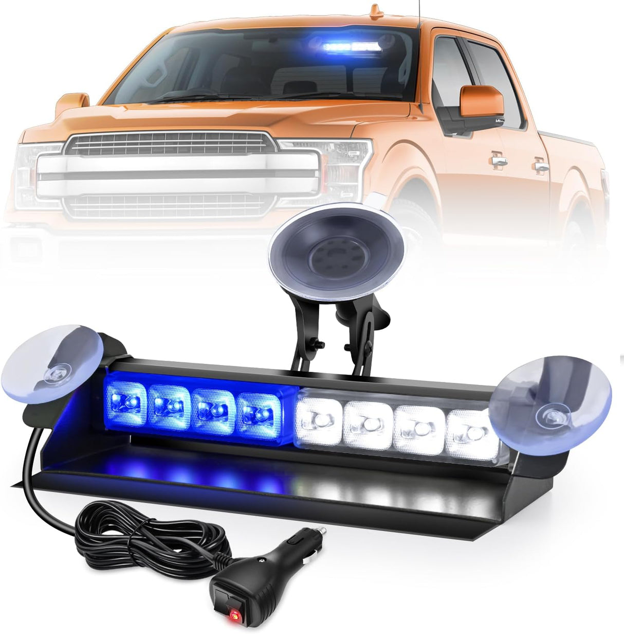 8LED Blue White Traffic Advisor Strobe Light Bar Hazard Safety | with Vacuum Suction Emergency Dash Warning Flashing Lights Front/Rear Windshield Visor for Truck Police Construction Vehicles