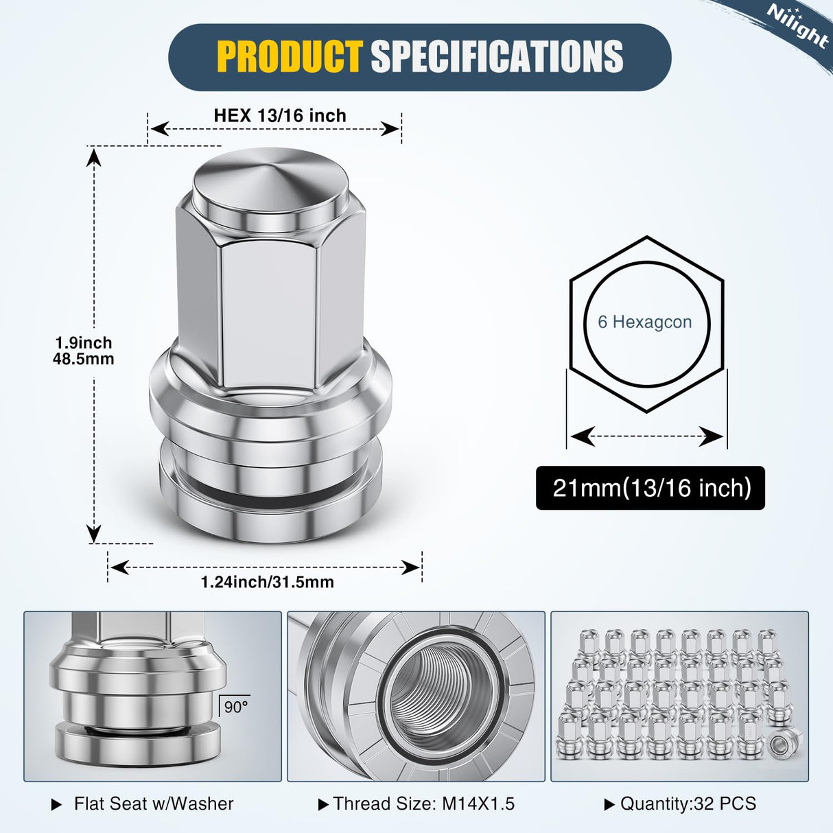 32PCS M14x1.5 Lug Nuts Compatible with 2017-2025 Ford F250/F350 | Closed End Mag Seat One-Piece Solid Chrome Steel OEM Factory Wheel Nuts Replace