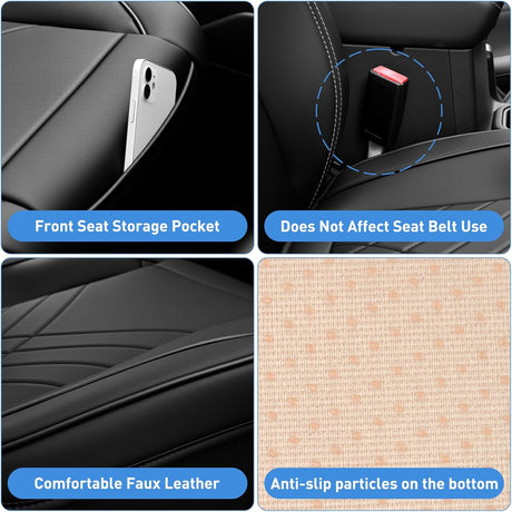 Car Seat Cushion Cover Black Geometric Embroidered Leather Front Seats Waterproof Anti-Slip Comes with Storage Bag Wraps Bottom Fits Cars Sedan Van SUV Truck