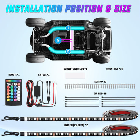2PCS Golf Cart Underbody Lights Kit RGB Multi-Mode LED Neon Accent Lighting Lamp APP Remote Control Sound Active Music Sync IP67 Waterproof 12V-66V for EZGO Yamaha Club Car