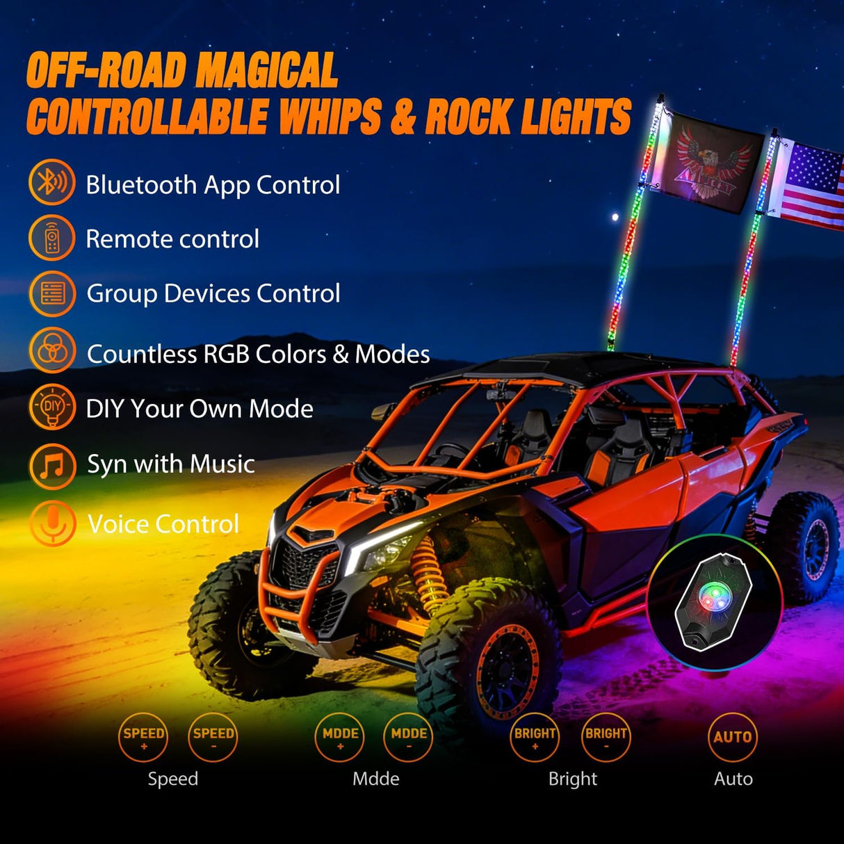 RGB LED Whip Light 2PCS 3FT with 6 Rock Lights Combo | APP and Remote Control with DIY Chasing Patterns Stop Turn Reverse Modes and Spring Base for ATV UTV RZR and Jeep