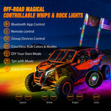 RGB LED Whip Light 2PCS 3FT with 6 Rock Lights Combo | APP and Remote Control with DIY Chasing Patterns Stop Turn Reverse Modes and Spring Base for ATV UTV RZR and Jeep