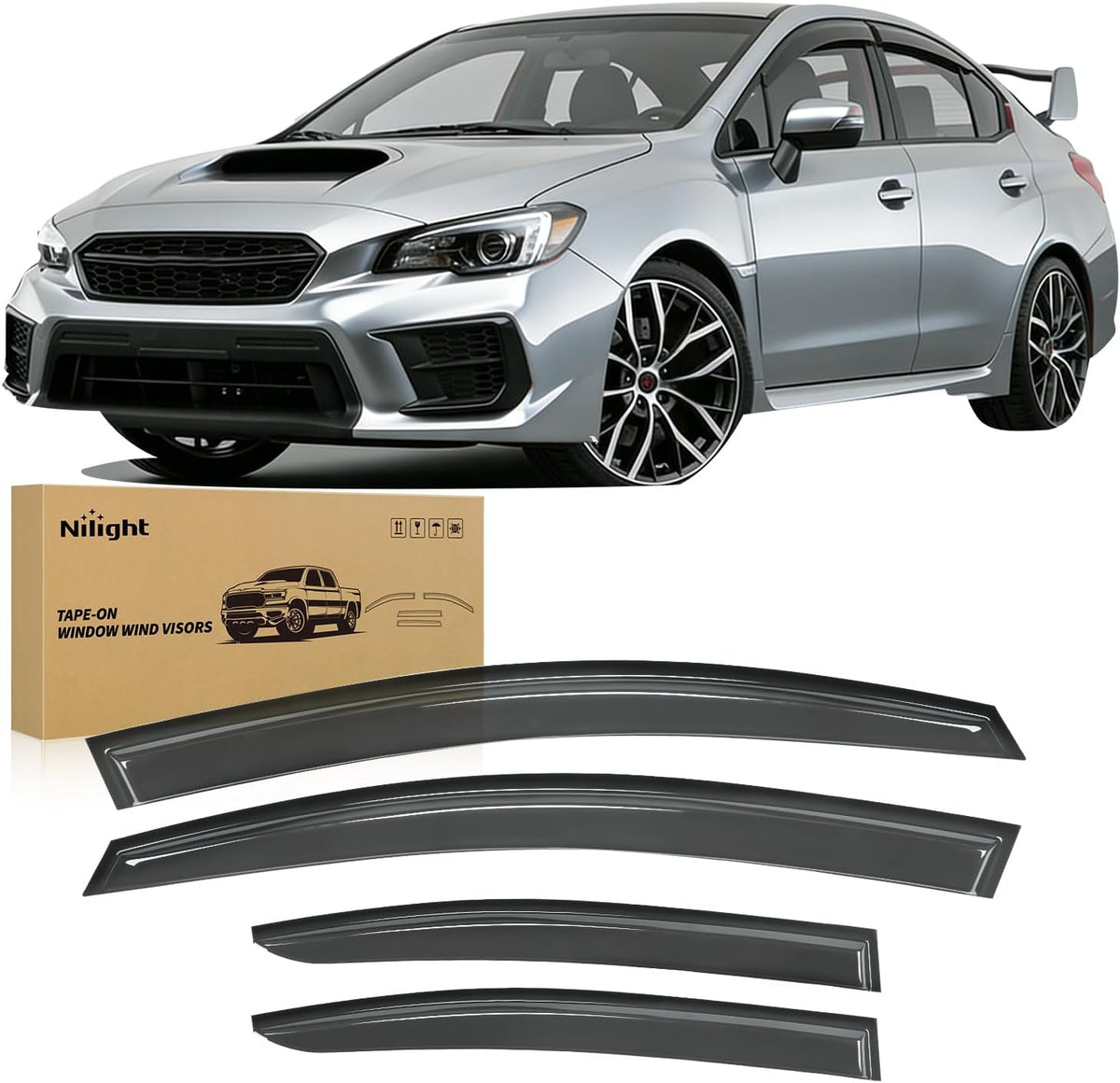 Rain Guards for Subaru WRX Sedan 2015 2016 2017 2018 2019 2020 2021 | Tape-On Window Visors Outside Mount Vent Visors Window Deflectors Fresh Air Ventilation Smoke Tint, 4PCS