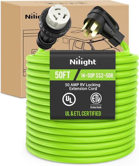 50FT 50 Amp RV Locking Extension Cord 250V Heavy Duty 6/3+8/1 Gauge Pure Copper STW Wire UL ETL Listed 4 Prong 14-50P SS2-50R Weatherproof Suit for Camper Caravan Trailer Bright Green
