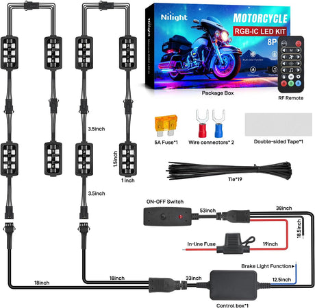 8PCS Motorcycle Dream Color LED Strip Lights Kit Waterproof Multicolor Atmosphere Neon Accent Lights Pods Lamp APP and Remote Control Underbody Strips for Harley Davidson Honda Kawasaki Suzuki