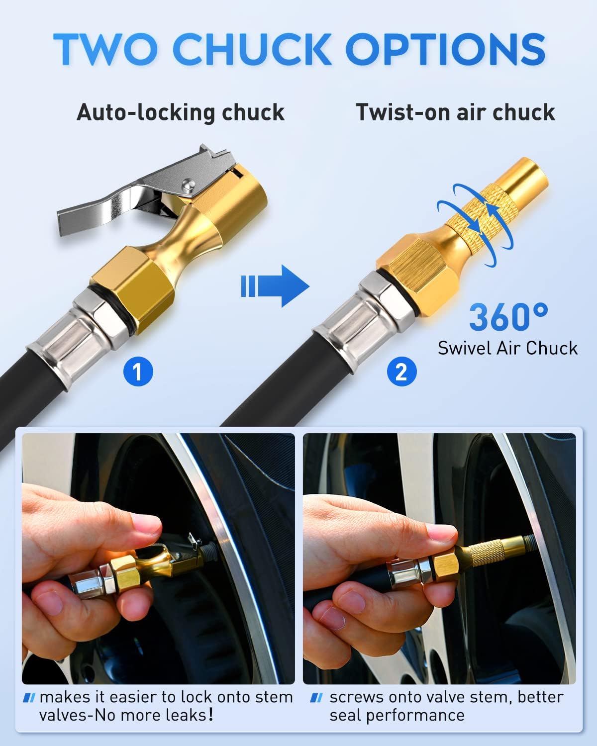 Tire Inflator with Digital Pressure Gauge 250PSI Heavy Duty | Air Chuck Compressor Attachments with Rubber Hose & Quick Connect Coupler 0.1 Display Resolution for Car Truck SUV RV