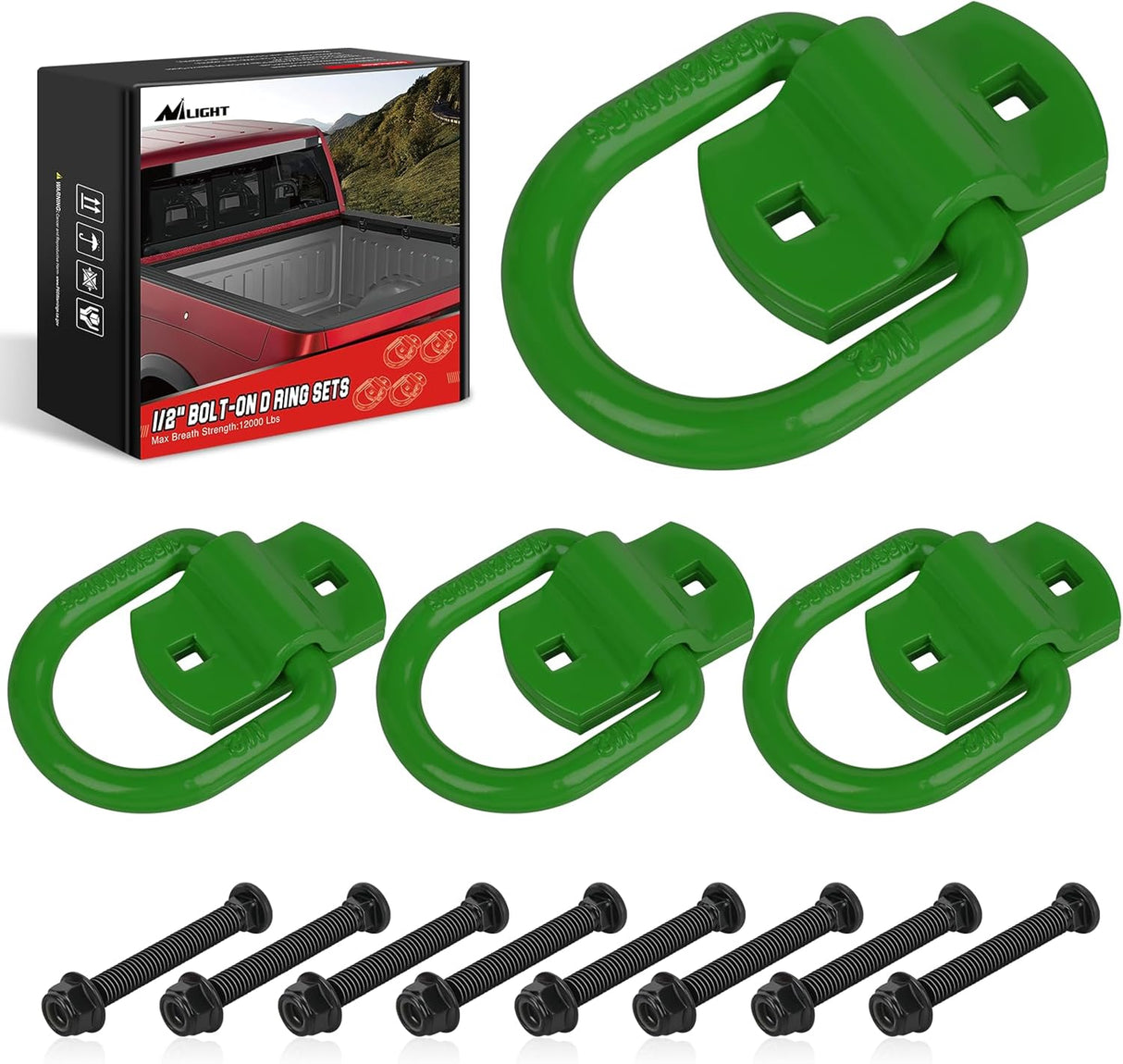 4 PCS D Ring Tie Down Anchor 1/2 Inch Heavy Duty Rings with Screws Bolts on Trailer Truck Bed Cargo 12000 Lbs Break Strength Hook Green