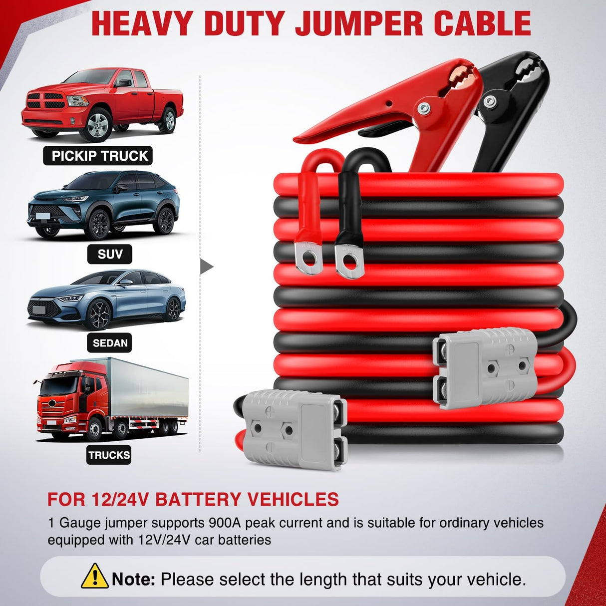 1 Gauge 30 Feet Heavy Duty Jumper Cables 900 Amp Booster Battery Cables with Permanent Installation kit and Quick Connect Plug Includes Carrying Bag for 12V & 24V Cars SUVs and Trucks