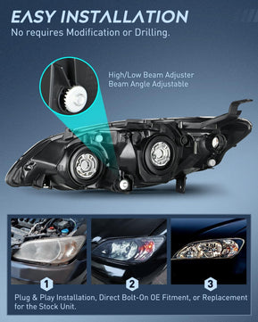 2004 2005 Honda Civic Headlight Assembly Black Housing Amber Reflector Upgraded Clear Lens Nilight
