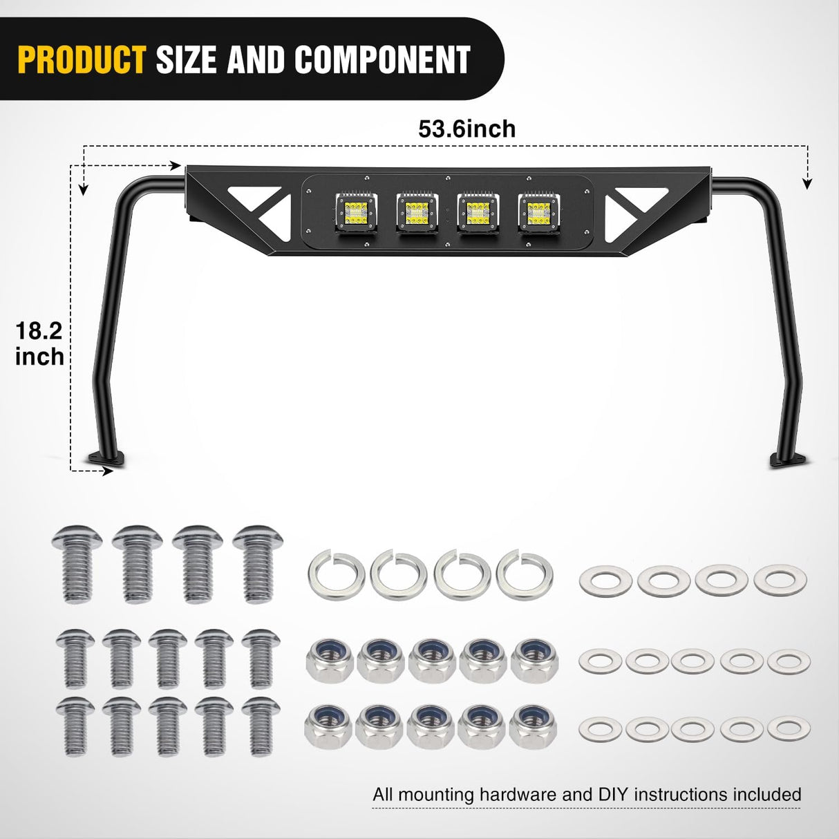 Windshield Frame Cover Light Bracket for 2021 2022 2023 2024 2025 2026 New Ford Bronco 2/4 Door Accessories Roof Sun Visor Cowl Body Armor with 4 x LED Lights Black