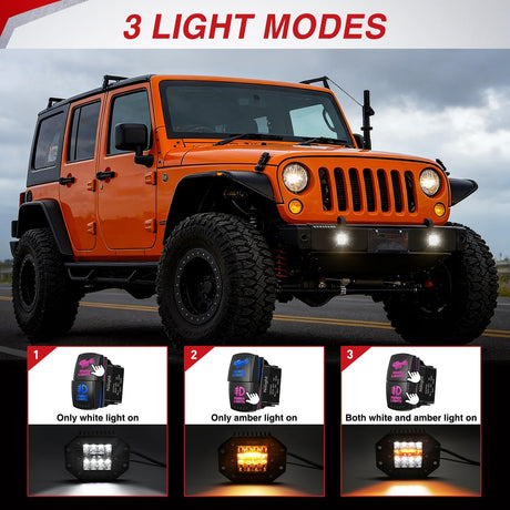 Flush Mount LED Light Pods 2PCS 42W Amber White 3 Lighting Modes Fog Lights Spot Flood Combo Beam with Dual Control 18AWG Wiring Harness for Truck Pickup Golf Cart UTV ATV SUV Boat 4x4 Car