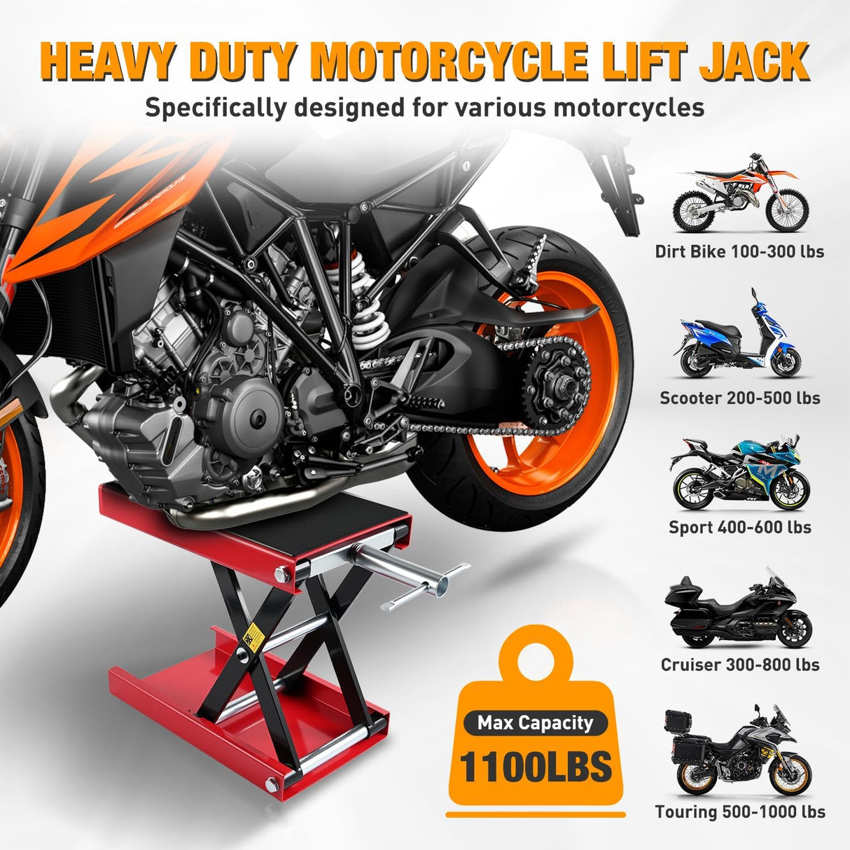 Motorcycle Lift Jack 1100 LBS Scissor Jack Stand Lift from 3.4 Inch to 14.2 Inch with Wide Deck Crank Handle Steel Scissor Hoist Garage Repair Lifter Table Jacks for Motorcycles ATV Dirt Bike, Red