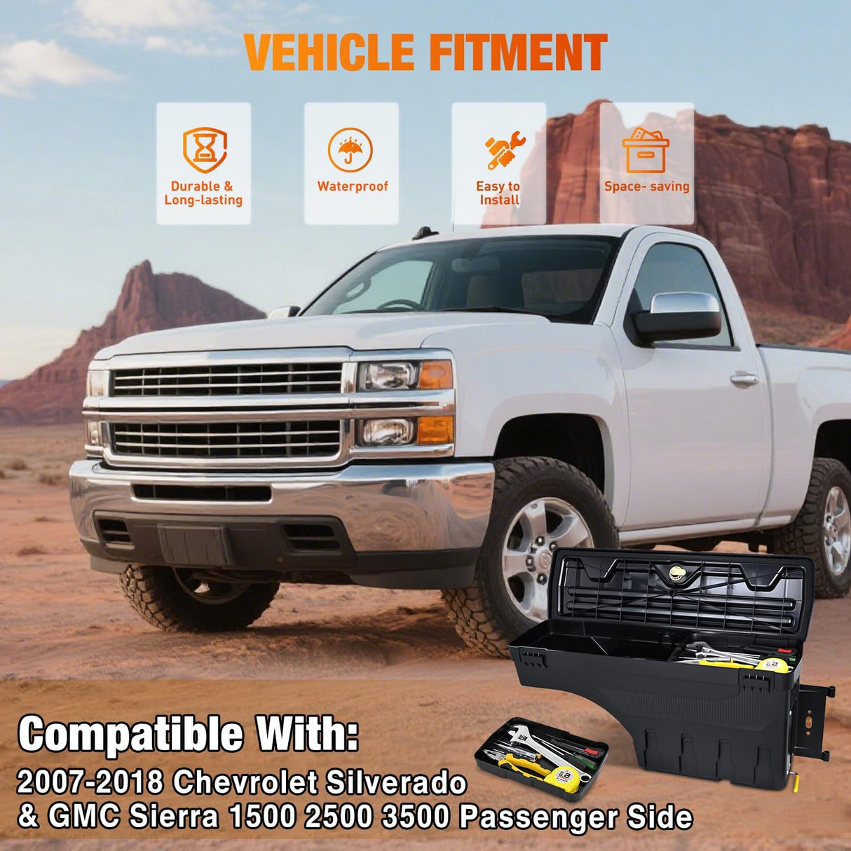 Truck Bed Tool Box Passenger Side Truck Tool Box Fit for Chevy Silverado GMC Sierra 1500 2500 3500 2007-2018 ABS Swing Case Truck Bed Storage Box w Lockable Lid Waterproof Wheel Well Toolbox