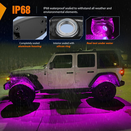 LED Rock Light 4PCS Pink Purple Underglow Wheel Well Fender Pods Waterproof Exterior Underbody Roof Rack Side Lamps for 12V 24V Car Truck Pickups ATV UTV SUV Motorcycle Boat