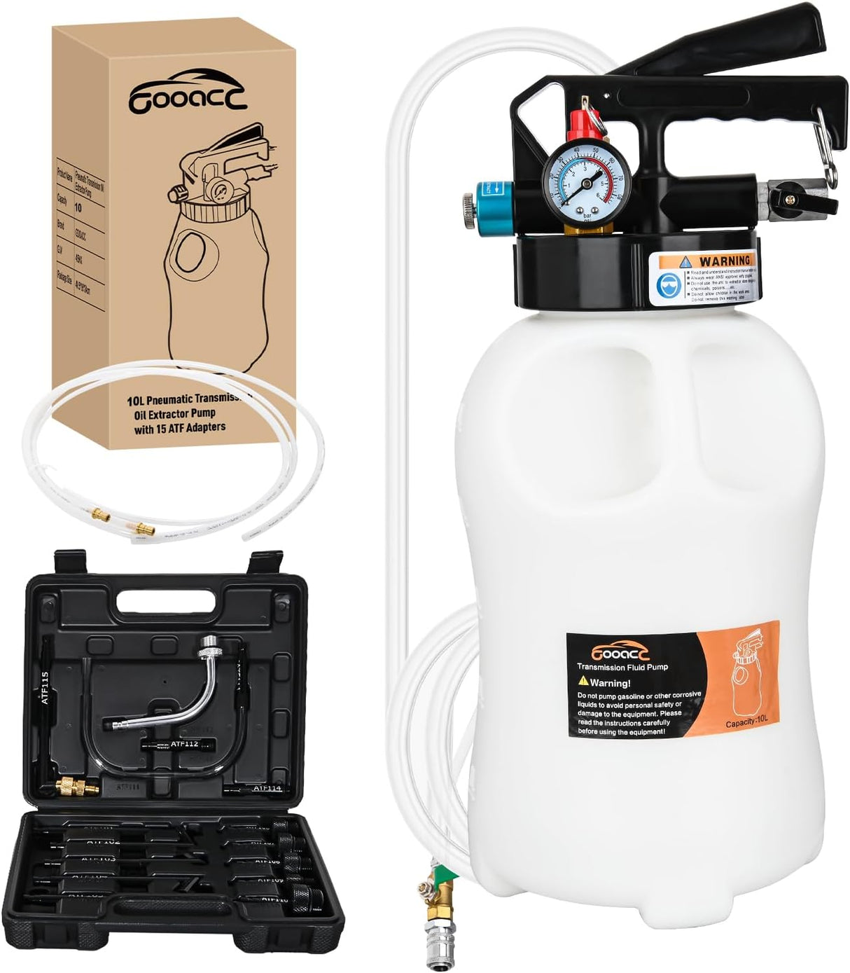Transmission Fluid Pump Kit 10L Automotive Pneumatic Oil Fluid Extractor ATF Refill Dispenser Transfer Pump with 15 ATF Filler Adapters 2.6 Gal 2 Way Vacuum Fluid Evacuator Oil Change Tool Set