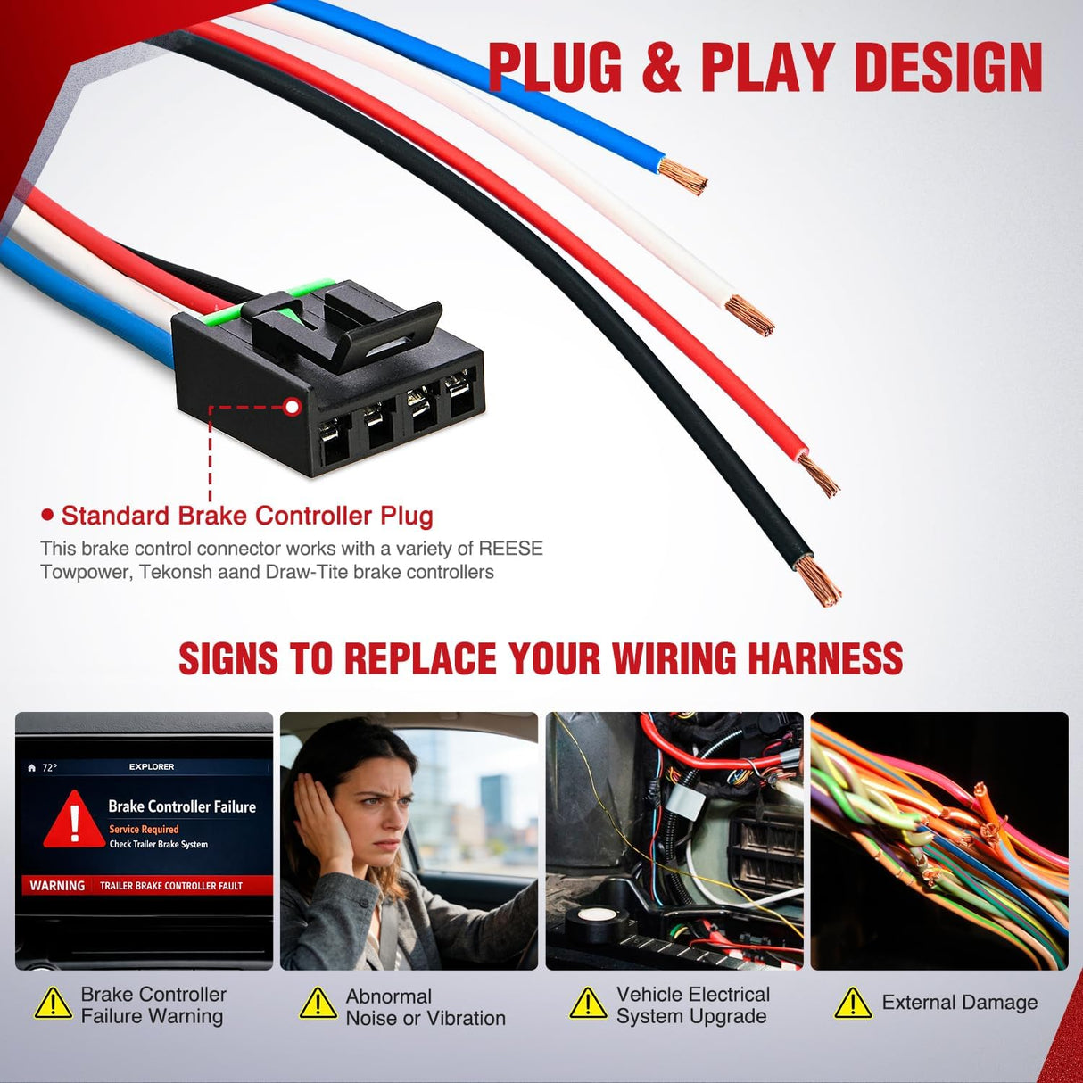 Wiring Harness Kit Brake Controller Wiring Harness Adapter for Tekonsha Reese and Draw-Tite Trailer Brake Controller Side Plug 31-Inches Towing Hitch Trailer RV