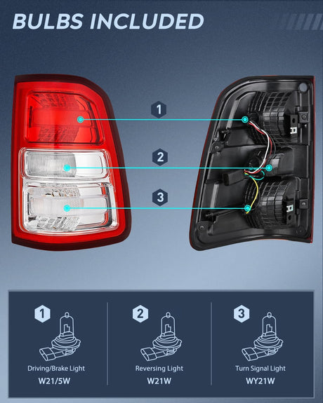 Taillight Assembly Compatible with 2019 2020 2021 2022 2023 Dodge Ram 1500 Tail Light Replacement OE Style Driver Side and Passenger Side with Bulbs