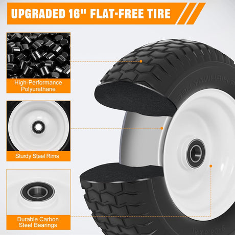 16x6.50-8 Solid Lawn Mower Tires, Flat Free Polyurethane Replacement Wheels with 1 Inch Axle Bore & 3 Inch Centered Hub, Heavy Duty Riding Mower Tire, 2 Pack