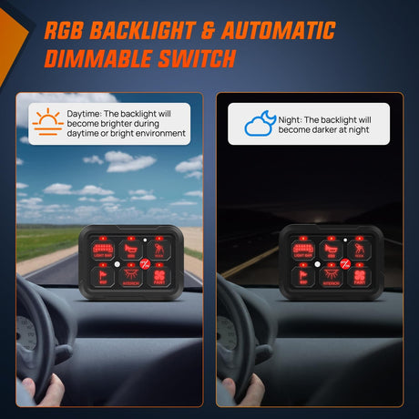 6 Gang Switch Panel 12V 24V Universal Circuit Control Relay System with RGB Backlight APP Control Fuse Wiring Harness Automatic Dimmable ON Off LED Switch Pod for Car Pickup Truck Camper SUV