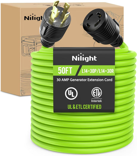 50FT 30Amp Generator Extension Cord 125V Heavy Duty 10/3 Gauge Pure Copper STW Wire UL ETL Listed 4 Prong L14-30P L14-30R Weatherproof Suit for Camper Outdoor Use Bright Green