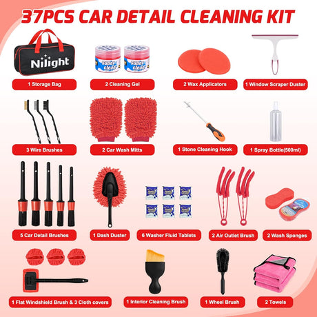 Automotive Tools 37PCS Car Detailing Kit Auto Cleaning Tools Wash Set with Storage Carry Bag Home Use for Interior Exterior Deep Clean Car Care Windshield Dashboard Seat Air Vents Wheels Tires, Red