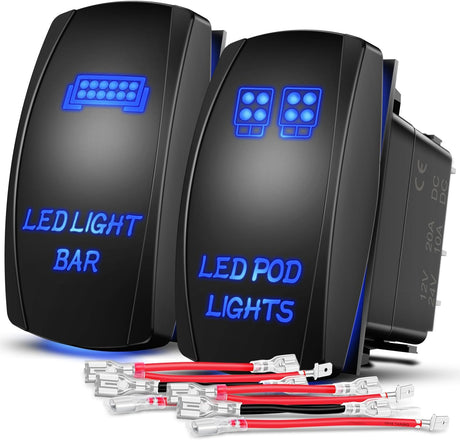 2 Pack Led Pod Lights Rocker Switch Light Bar 5 Pin Laser On Off SPST Switches 20A/12V 10A/24V Blue with Jumper Wires Set for Cars Trucks RVs