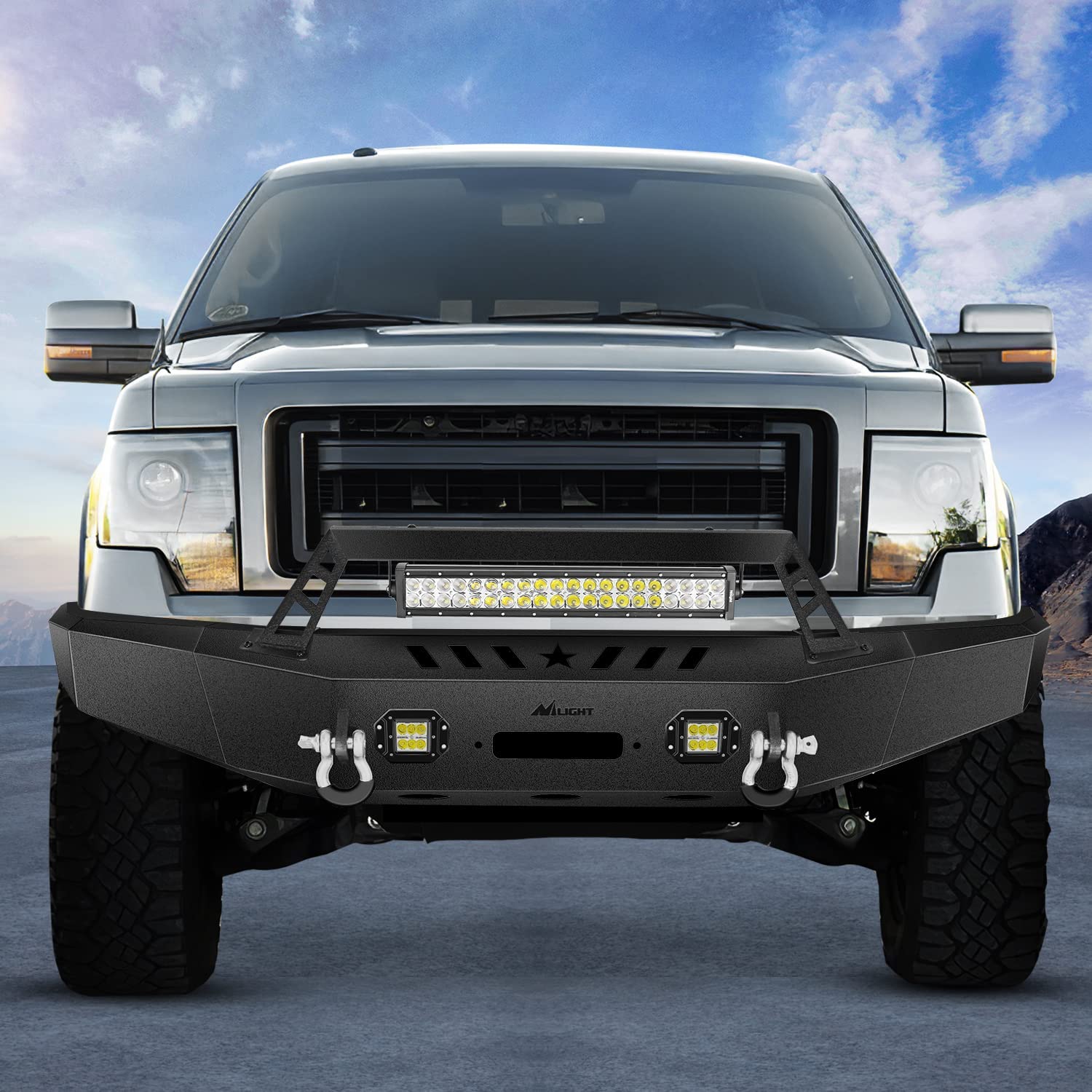 2009-2014 Ford F150 Front Bumper Full Width Solid Steel with Winch Plate Offroad 120W LED Light Bar 2Pcs 18W LED Work Light Pods Nilight
