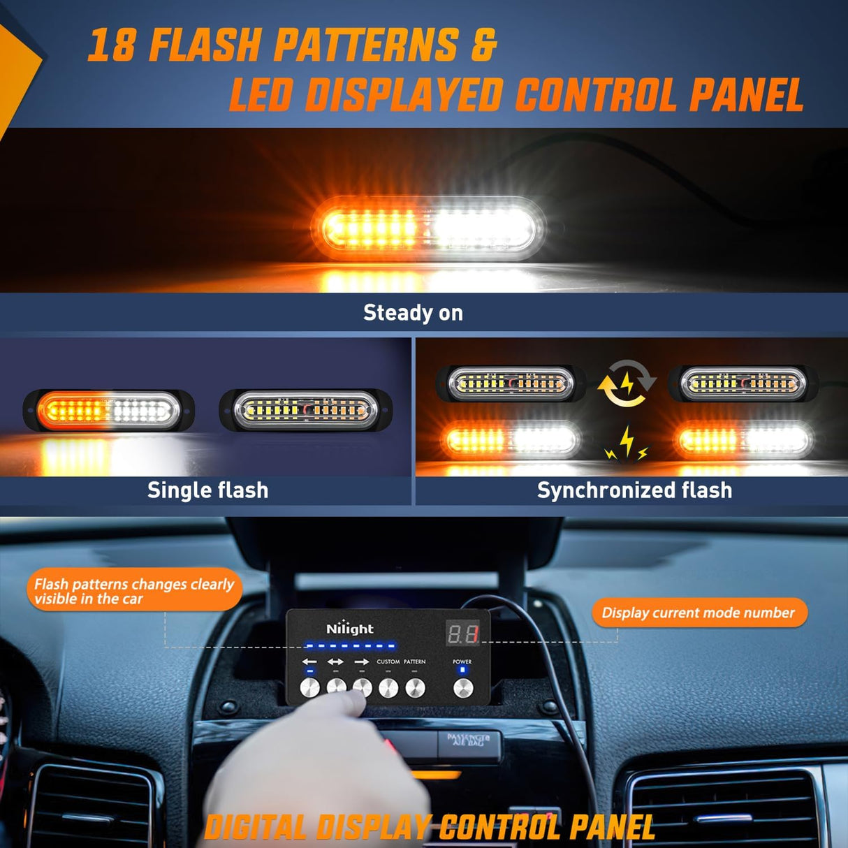 8PCS Led Strobe Lights with Controller 12V 24V Sync Feature Amber White Strobe Light 12 LED Surface Mount Emergency Hazard Warning Lights with Strobe Controller for Vehicle Car Truck RV ATV