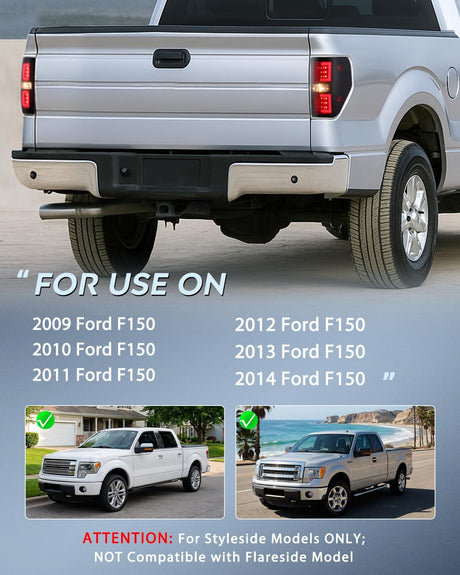 Taillight Assembly Compatible with 2009 2010 2011 2012 2013 2014 Ford F150 Incandescent Type Styleside Upgrade LED Tube tail lights; Rear Brake Lamps